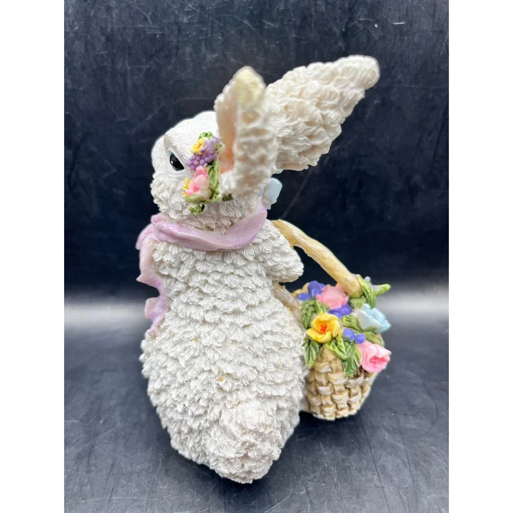White Resin Easter‎ Bunny Figurine Floral Basket Scarf Figurine Decorative 5
